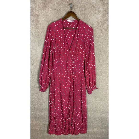 Mango Dotty-A Wrap Dress Size Small S Maroon/White Midi Polka Dot Balloon Sleeve - Picture 2 of 8
